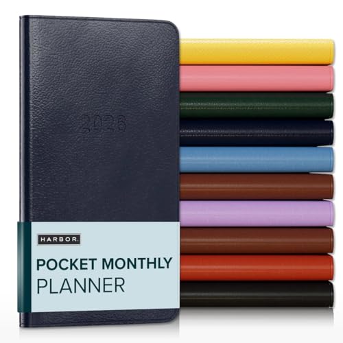 Harbor Pocket Monatsplaner 2026, Kalenderplaner und Notizbuch, strapazierfähiges Kunstleder, 18 Monate, 96 Seiten, Softcover & leicht - Leida Navy - 15,2 x 8,3 cm von Harbor