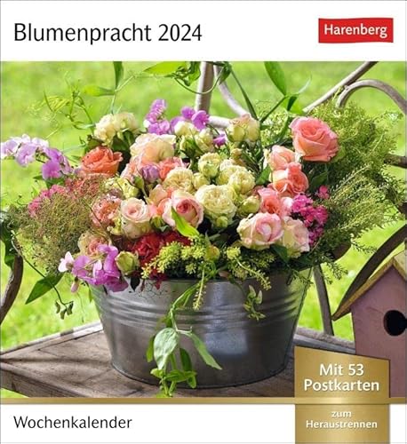 Blumenpracht Postkartenkalender 2024. Kalender mit 53 traumhaften Fotos von Blumensträußen und Blüten. Blumen-Kalender 2024 mit Postkarten: Wochenkalender mit 53 Postkarten von Harenberg