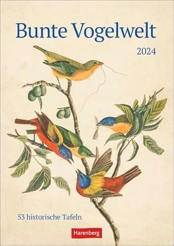 Bunte Vogelwelt - Kalender 2024 - Harenberg-Verlag - Wochenkalendarium - 53 historische Tafeln - Wandkalender - 25 cm x 35,5 cm von Harenberg
