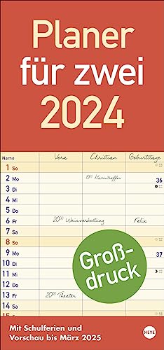 Planer für zwei Großdruck - Kalender 2024 - Heye-Verlag - Familienkalender - Mit 3 Spalten und viel Platz zum Eintragen - 21 cm x 45 cm - Küchenkalender von Harenberg