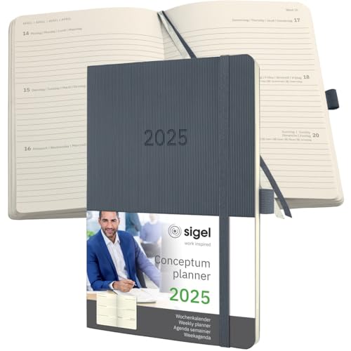 Wochenkalender Conceptum A5 2025 dunkelgrau - SIGEL - 1 Woche auf 2 Seiten - Terminplaner Softcover mit Stiftschlaufe, Quickpocket, Archivtasche, 2 Zeichenbänder und Stickerbogen - 13,5 cm x 21 cm von Harenberg