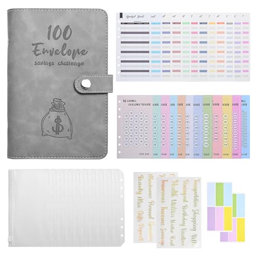 Budget Planner Geld Sparen Challenge - Haushaltsbuch Binder A6 Sparbuch für Geld Geldumschlägen Spar Challenge Geld Organizer, Sparchallenge 100 Envelope Saving Challenge Geldsparbinder (Grau) von HarnyLoom