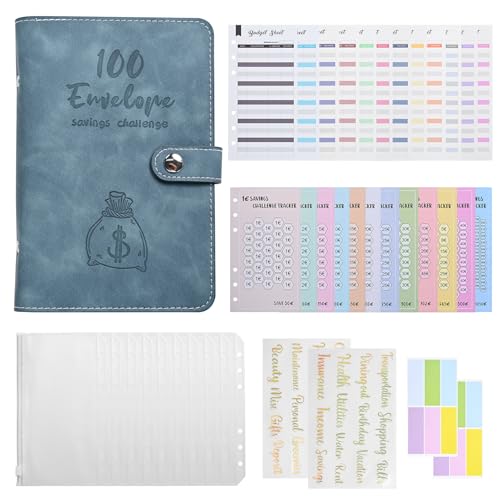 Budget Planner Geld Sparen Challenge - Haushaltsbuch Binder A6 Sparbuch für Geld Geldumschlägen Spar Challenge Geld Organizer, Sparchallenge 100 Envelope Saving Challenge Geldsparbinder (Dunkelblau) von HarnyLoom