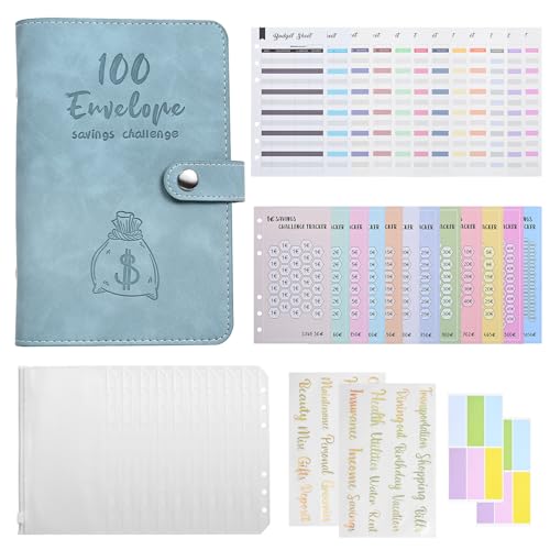 Budget Planner Geld Sparen Challenge - Haushaltsbuch Binder A6 Sparbuch für Geld Geldumschlägen Spar Challenge Geld Organizer, Sparchallenge 100 Envelope Saving Challenge Geldsparbinder (Hellblau) von HarnyLoom