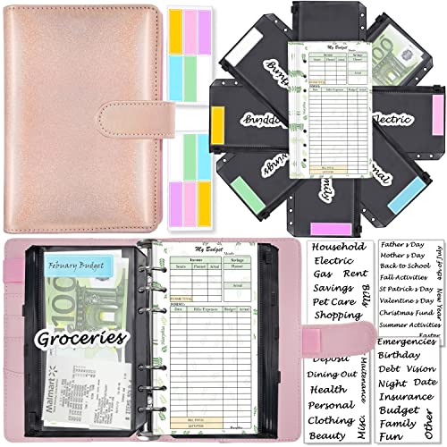 A6-Geld-Organizer, 6-Ring-Budgetplaner-Kit mit Geldumschlägen, Budget-Nachfüllungen, Aufbewahrungsmethode für Umschläge, passende Aufkleber und Etiketten, 7,4" x 5,71" (Harphia, 146-Rose) von Harphia