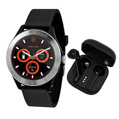 Harry Lime Modische Smartwatch in Schwarz mit schwarzen True Wireless Ohrhörern in Ladehülle, Schwarz, Casual von Harry Lime
