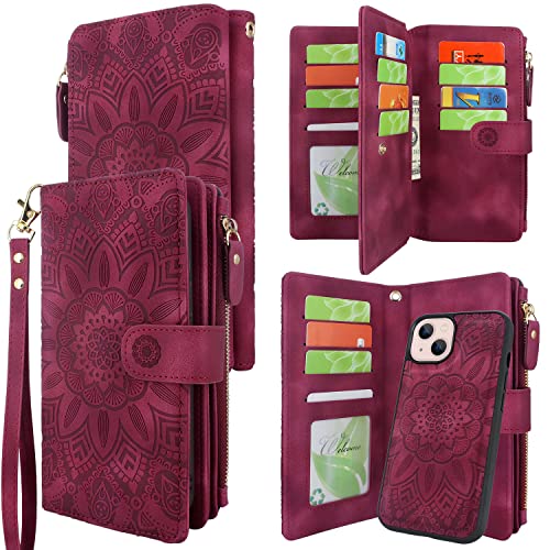 Harryshell Kompatibel mit iPhone 14,iPhone 13 6.1 Zoll 5G 2021 Wallet Case Abnehmbare Magnethülle Reißverschluss Bargeldfach Multi Kartenfächer Halter Handgelenkschlaufe Lanyard Blumenblume (Weinrot) von Harryshell