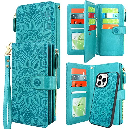 Harryshell Kompatibel mit iPhone 14 Pro 6,1 Zoll 5G 2022 Wallet Case Abnehmbare magnetische Abdeckung Reißverschluss Bargeldfach Multi Kartenfächer Halter Handschlaufe Lanyard (Floral Blue Green) von Harryshell