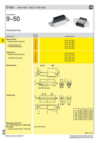 Harting 09 67 009 5601 D-SUB Stiftleiste 180° Polzahl (num): 9 Crimpen 100St. von Harting