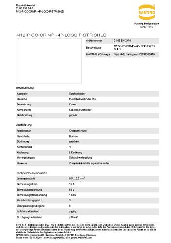 Harting 21 03 896 2410 Kabelsteckverbinder Gesamtpolzahl: 4 1St. von Harting