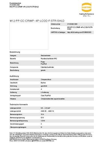 Harting 21 03 896 2420 Kabelsteckverbinder Gesamtpolzahl: 4 1St. von Harting