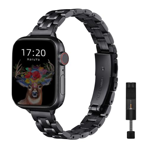 HaruYo Metall Armband Kompatibel mit Apple Watch Armbänder 【42mm/44mm/45mm/49mm】, Edelstahl Ersatzarmband Uhrenarmband Unisex für Apple Watch Ultra2/Ultra/iWatch Serie 9 8 7 6 5 4 3 SE, Schwarz von HaruYo