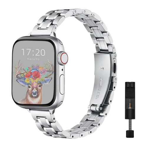 HaruYo Metall Armband Kompatibel mit Apple Watch Armbänder 【42mm/44mm/45mm/49mm】, Edelstahl Ersatzarmband Uhrenarmband Unisex für Apple Watch Ultra2/Ultra/iWatch Serie 9 8 7 6 5 4 3 SE, Silber von HaruYo