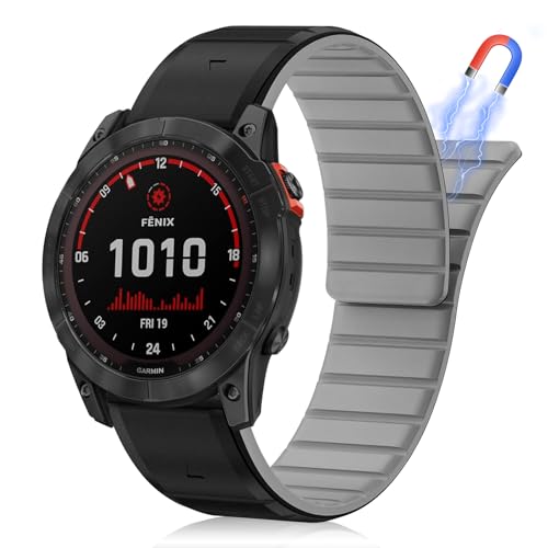 HaruYo QuickFit 26mm Magnetische Armband für Garmin Fenix 7X Pro Solar/Fenix 7X Pro/Fenix 7X/Fenix 6X Solar/Fenix 6X Pro/6X/5X, Silikon Uhrenarmband für Garmin Instinct 2X/2X Solar - Schwarz Grau von HaruYo