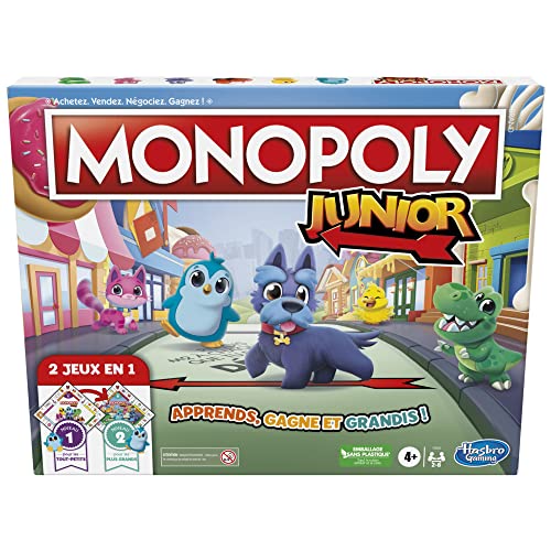 Hasbro Gaming Monopoly Junior Brettspiel, 2-seitiges Spielbrett, 2 Spiele in 1, Monopoly-Spiel für jüngere Kinder; Kinderspiele, Jugendspiele (französische Version) von Hasbro Gaming