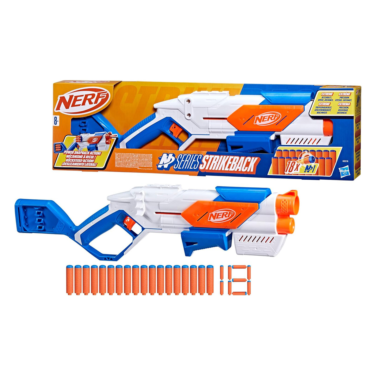 Hasbro NERF N SERIES STRIKEBACK | G0218EU4 | Dart-Blaster | Indoor/Outdoor | Innenmagazin f?r 6 Darts | 18 N1 Darts | 12-Dart-Aufbewahrung | blau/orange | Hasbro NERF N SERIES STRIKEBACK | G0218EU4 | Dart-Blaster | Indoor/Outdoor | Innenmagazin f?r 6 Darts | 18 N1 Darts | 12-Dart-Aufbewahrung | blau/orange | von Hasbro