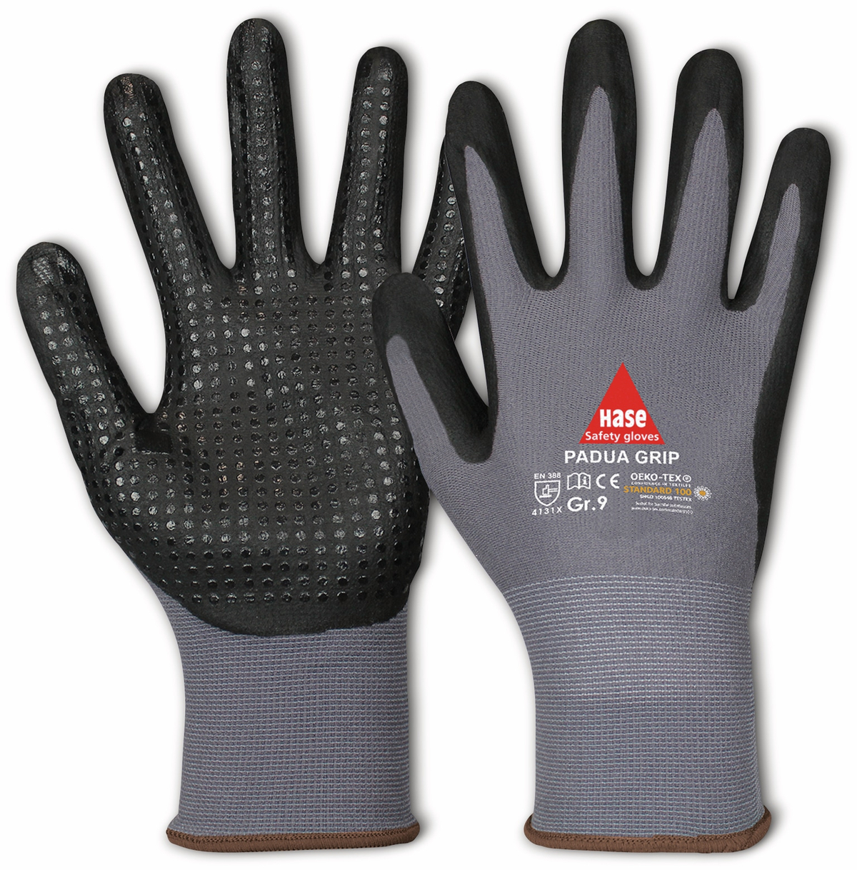 HASE SAFETY GLOVES Arbeitshandschuhe mit Noppen, Padua Grip, EN 388, EN 420, Größe 9, grau/schwarz von Hase Safety gloves