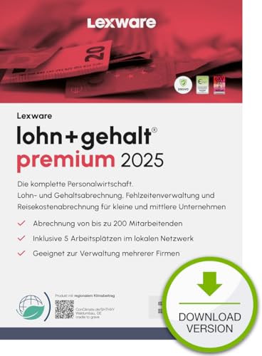 Lexware lohn+gehalt Premium 2025 (365 Tage)| Einfache Lohn- und Gehaltsabrechnungs-Software |5 Geräte | PC Aktivierungscode per Email von Lexware