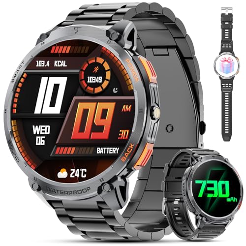 Haulvean Militärische Smartwatch für Männer mit Bluetooth Anrufen, 1,85" HD Display, 730 mAh Akku, IP68. Fitness Tracker mit LED Taschenlampe,24/7 Herzfrequenz, Schlafmonitoring,Mit Android und iOS von Haulvean