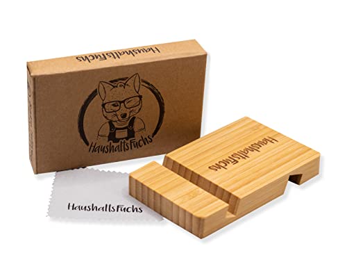 HaushaltsFuchs® 100% FSC® Bambus Halterung für Smartphone und Tablet - Holz Handyhalterung und Ständer für Büro und Schreibtisch - Handyhalter für den Tisch kompatibel mit iPhone, iPad, Samsung UVM. von HaushaltsFuchs