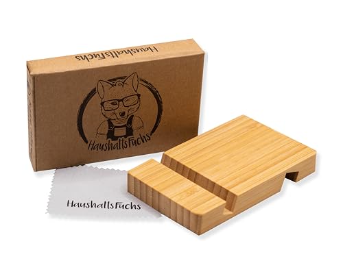 HaushaltsFuchs® 100% FSC® Bambus Halterung für Smartphone und Tablet - Holz Handyhalterung und Ständer für Büro und Schreibtisch - Handyhalter für den Tisch kompatibel mit iPhone, iPad, Samsung UVM. von HaushaltsFuchs