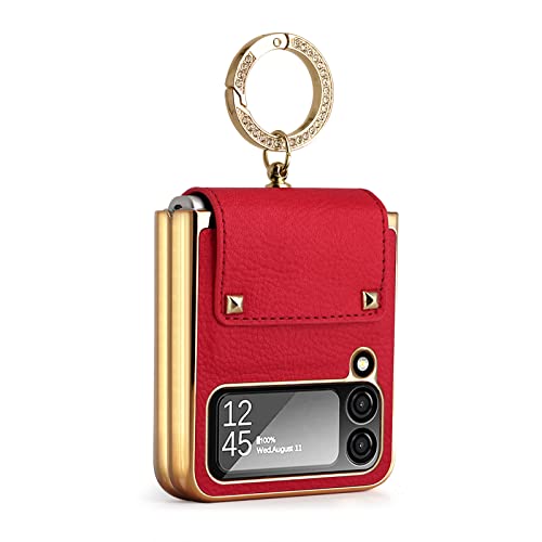Hauw Hülle für Galaxy Z Flip 4 5G,Ultradünne stoßfeste Leder-Handyhülle mit Ringschnalle für Samsung Galaxy Z Flip 4 5G,Rot von Hauw