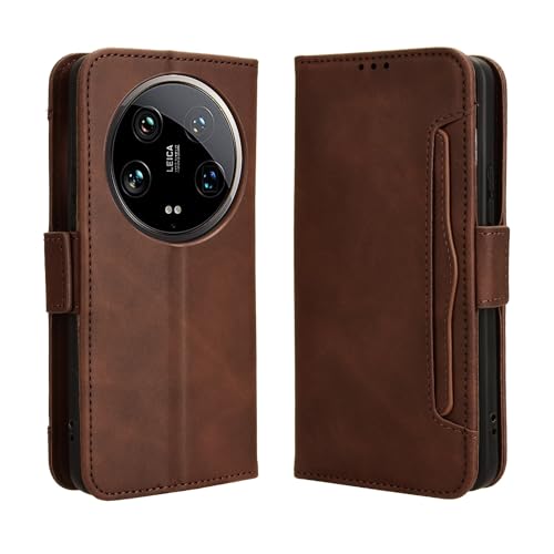 Hauw Hülle für Xiaomi 14 Ultra,Magnetverschluss Multi-Card Slots Flip Wallet Ledertasche für Xiaomi 14 Ultra,Braun von Hauw