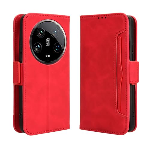Hauw Hülle für Xiaomi 14 Ultra,Magnetverschluss Multi-Card Slots Flip Wallet Ledertasche für Xiaomi 14 Ultra,Rot von Hauw