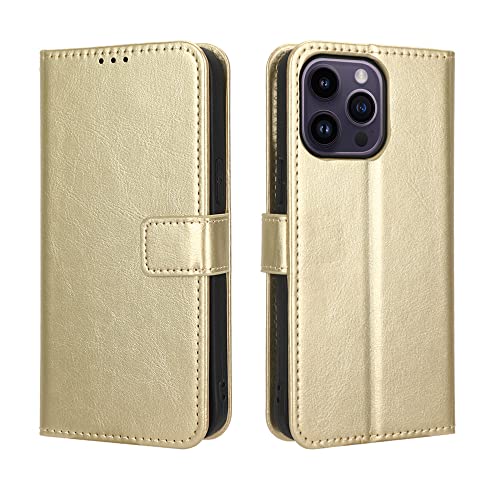 Hauw Hülle für iPhone 14 Pro,Flip Wallet Ledertasche mit Magnetverschluss für iPhone 14 Pro,Gold von Hauw