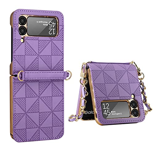 Hülle für Galaxy Z Flip 3 5G,Ultradünne Stoßfeste Leder-Handyhülle mit Schultergurt kompatibel mit Samsung Galaxy Z Flip 3 5G,Violett von Hauw