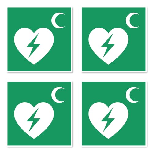 Aufkleber: 100x100 mm, 4 Stück - Automatisierter Externer Defibrillator (AED) - Rettungszeichen Rothalbmond-Variante - E010 - grün/weiß - DIN EN ISO 7010 / ASR A1.3 von Havati