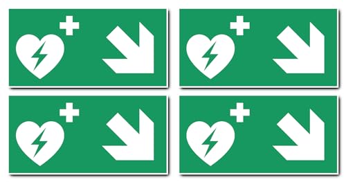 Aufkleber: 100x200 mm, 4 Stück - Automatisierter Externer Defibrillator (AED) - Kombination mit Pfeil rechts abwärts - Rettungszeichen - E010 - grün/weiß - DIN EN ISO 7010 / ASR A1.3 von Havati