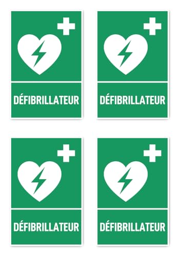 Aufkleber: 112.5x75 mm, 4 Stück - Automatisierter Externer Defibrillator (AED) - Rettungszeichen mit Text (französisch) (grün/weiß) - hochkant - E016 - DIN EN ISO 7010 / ASR A1.3 von Havati