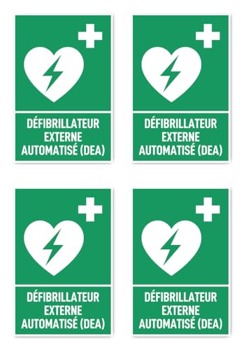 Aufkleber: 112.5x75 mm, 4 Stück - Automatisierter Externer Defibrillator (AED) - Rettungszeichen mit Text (französisch) (grün/weiß) - hochkant - E016 - DIN EN ISO 7010 / ASR A1.3 von Havati