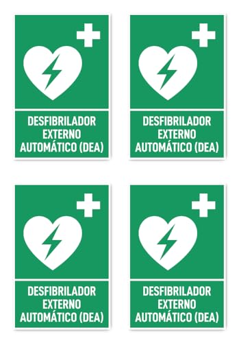 Aufkleber: 112.5x75 mm, 4 Stück - Automatisierter Externer Defibrillator (AED) - Rettungszeichen mit Text (spanisch) (grün/weiß) - hochkant - E016 - DIN EN ISO 7010 / ASR A1.3 von Havati