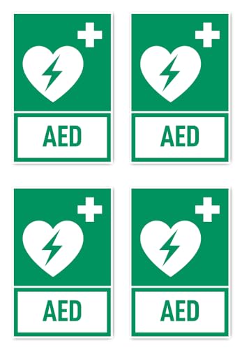 Aufkleber: 150x100 mm, 4 Stück - Automatisierter Externer Defibrillator (AED) - Rettungszeichen mit Text (deutsch) (grün/weiß) - hochkant - E010 - DIN EN ISO 7010 / ASR A1.3 von Havati