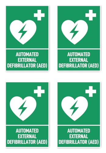 Aufkleber: 150x100 mm, 4 Stück - Automatisierter Externer Defibrillator (AED) - Rettungszeichen mit Text (englisch) (grün/weiß) - hochkant - E016 - DIN EN ISO 7010 / ASR A1.3 von Havati
