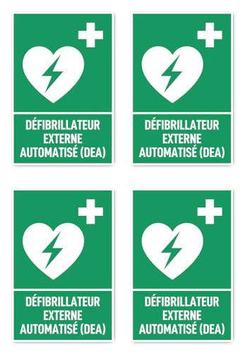 Aufkleber: 150x100 mm, 4 Stück - Automatisierter Externer Defibrillator (AED) - Rettungszeichen mit Text (französisch) (grün/weiß) - hochkant - E016 - DIN EN ISO 7010 / ASR A1.3 von Havati
