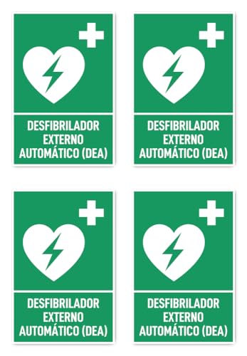 Aufkleber: 150x100 mm, 4 Stück - Automatisierter Externer Defibrillator (AED) - Rettungszeichen mit Text (spanisch) (grün/weiß) - hochkant - E016 - DIN EN ISO 7010 / ASR A1.3 von Havati