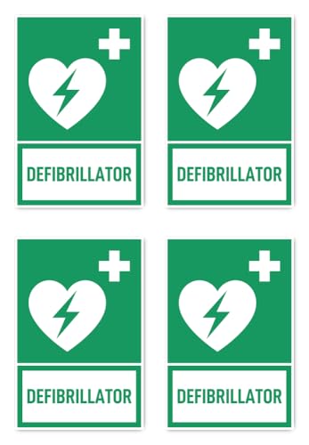 Aufkleber: 150x100 mm, 4 Stück - Automatisierter Externer Defibrillator (AED) - Sprache: englisch - Rettungszeichen mit Text (grün/weiß) - hochkant - E010 - DIN EN ISO 7010 von Havati
