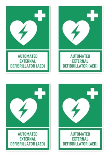 Aufkleber: 150x100 mm, 4 Stück - Automatisierter Externer Defibrillator (AED) - Sprache: englisch - Rettungszeichen mit Text (grün/weiß) - hochkant - E010 - DIN EN ISO 7010 von Havati