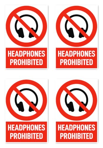 Aufkleber: 150x100 mm, 4 Stück - Kopfhörer verboten - Verbotszeichen mit Text (englisch) (rot/weiß) - hochkant - DIN EN ISO 7010 / ASR A1.29 von Havati
