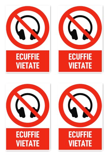Aufkleber: 150x100 mm, 4 Stück - Kopfhörer verboten - Verbotszeichen mit Text (italienisch) (rot/weiß) - hochkant - DIN EN ISO 7010 / ASR A1.29 von Havati
