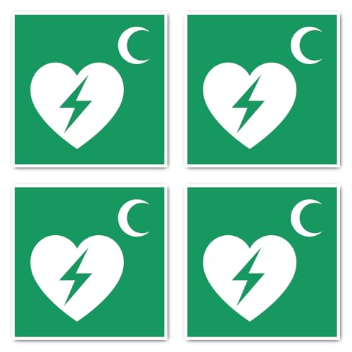 Aufkleber: 150x150 mm, 4 Stück - Automatisierter Externer Defibrillator (AED) - Rettungszeichen Rothalbmond-Variante - E010 - grün/weiß - DIN EN ISO 7010 / ASR A1.3 von Havati