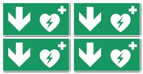 Aufkleber: 150x300 mm, 4 Stück - Automatisierter Externer Defibrillator (AED) - Kombination mit Pfeil abwärts - Rettungszeichen - E010 - grün/weiß - DIN EN ISO 7010 / ASR A1.3 von Havati