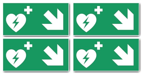 Aufkleber: 150x300 mm, 4 Stück - Automatisierter Externer Defibrillator (AED) - Kombination mit Pfeil rechts abwärts - Rettungszeichen - E010 - grün/weiß - DIN EN ISO 7010 / ASR A1.3 von Havati