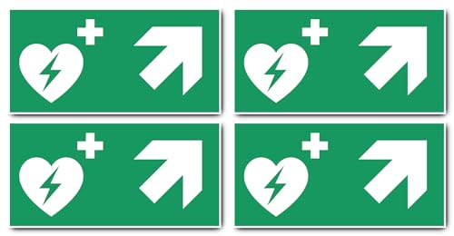 Aufkleber: 150x300 mm, 4 Stück - Automatisierter Externer Defibrillator (AED) - Kombination mit Pfeil rechts schräg/aufwärts - Rettungszeichen - E010 - grün/weiß - DIN EN ISO 7010 / ASR A1.3 von Havati