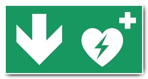Aufkleber: 200x400 mm, 1 Stück - Automatisierter Externer Defibrillator (AED) - Kombination mit Pfeil abwärts - Rettungszeichen - E010 - grün/weiß - DIN EN ISO 7010 / ASR A1.3 von Havati