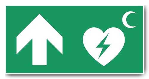 Aufkleber: 200x400 mm, 1 Stück - Automatisierter Externer Defibrillator (AED) - Kombination mit Pfeil geradeaus/aufwärts - Rettungszeichen Rothalbmond-Variante - E010 - grün/weiß von Havati