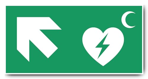 Aufkleber: 200x400 mm, 1 Stück - Automatisierter Externer Defibrillator (AED) - Kombination mit Pfeil links schräg/aufwärts - Rettungszeichen Rothalbmond-Variante - E010 - grün/weiß von Havati